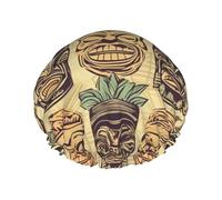 Vintage Aloha Tiki Pattern Shower Cap for Women Reusable Waterproof Shower Bonnet Double Layer Large Bath Cap Washable Elastic Band Bath Hair Hat Braids, Men