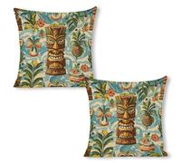 Vintage Aloha Tiki Pattern Throw Pillow Covers Decorative Linen Cushion Case Boho Farmhouse Pillowcase Soft Double-Sided Cushion Covers for Sofa Couch Bedroom Living Room Home Decor 18"x18"（2pcs）