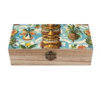 Vintage Aloha Tiki Pattern Wooden Storage Box Elegant Retro Jewelry Box with Hinged Lid Decorative Keepsake Boxes Decor Handmade Organizer Boxes for Wedding, Party, Gift, Diy Craft, Home Decor