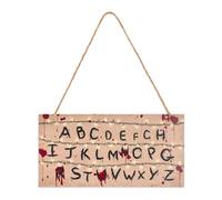 Vintage Alphabet Hanging Wooden Sign, Retro Letters & Yellow String Light Horror Wall Art Plaque Wood Door Sign Decorations for Halloween Party Favor Supplies Room Decor and Movie-Themed Display