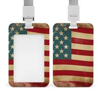 Vintage American Flag 4Th of July Id Badge Holder with Lanyard, Clear Vertical Card Protector Waterproof, Breakaway Safety Neck Strap, Heavy Duty Name Tag Holder for Nurse Teacher Officer Staff Women