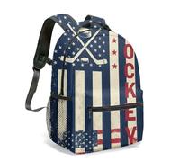 Vintage American Flag Hockey Backpack 16 Inch Patriotic Stars and Stripes Distressed Puck Crossed Sticks All Over Print Bag (02)