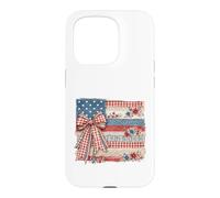 Vintage American Flag Patchwork Floral Bow Design Case for iPhone 15 Pro