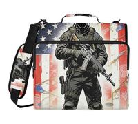 Vintage American Flag Veteran Army 1.5 Inch 3 Ringing Zip Up Binder with Shoulder Strap & Handle Multi-Pocket Documents Files Storage Bag for School/Office