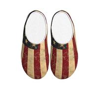 Vintage American Flag Women's Slippers Flannel House Slippers for Men USA Flag Non-Slip Warm Winter Shoes for Indoor Outdoor UK 3-4