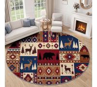 Vintage American Round Soft Non Slip Washable Rug 60 cm Red Brown | Low Pile Easy to Clean Bears Deer Pine Tree Geometric Diamonds Rugs, Rubber Backing Stain & Fade Resistant Circle Carpet Home