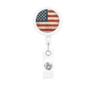 Vintage American USA Flag Badge Reel Retractable Badge Holder with Keychain Funny ID Clips for Badges Lightweight Plastic Name Card Holders for Nurses Office Teacher