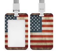Vintage American USA Flag Id Badge Holder with Lanyard, Clear Vertical Card Protector Waterproof, Breakaway Safety Neck Strap, Heavy Duty Name Tag Holder for Nurse Teacher Officer Staff Women Men