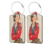 Vintage American Woman Luggage Tag for Suitcase 2 Pack Leather Luggage Tag with Privacy Flap Name Id Label and Metal Loop for Women Men Travel