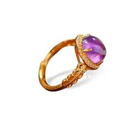 Vintage Amethyst Ring - 925 Sterling Silver Gold-Plated Open Band with CZ Halo, Purple Gemstone Statement Ring for Women