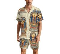 Vintage Ancient Egyptian Pharaoh Statue Men's Pajama Set Short Sleeve Sleepwear Satin Silk Like Loungewear Pj Multicolor