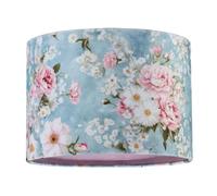 Happy Homewares Vintage Chic Sky Blue Velvet Lamp Shade with Pink and White Flowers