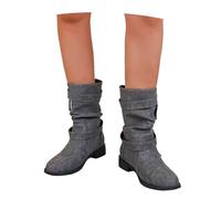 Vintage Ankle Boots With Fringes Women's Classic Booties With Buckle Comfortable Short Boots With Low Heels PU Leather Pull-on Booties Large Size Ankle Shoes(Grey,6.5 UK)