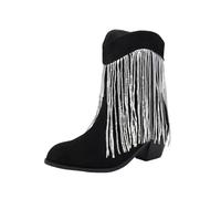 Vintage Ankle Boots With Sequin Fringes Women's Western Cowboy Boots Comfortable Suede Pull-on Booties With Block Heel Large Size Ankle Shoes For Country(5.5 UK)