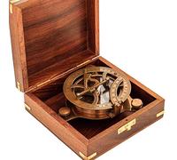 Vintage Antique Brass Sundial Compass with Square Wooden Box - Handcrafted Magnetic Navigation Sun Dial Compass for Office Desk Decor, Classic Maritime Nautical Collectible Gift