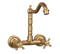 Vintage Antique Brass Wall Mounted Bathroom Sink Faucet Single Hole Double Handle Basin Tap with Cold Hot Water，Antique Tall
