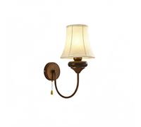 Vintage Antique Bronze Wall Sconce, Rustic Iron & Ash Wood Wall Lamp with Fabric Bell Shade, E14 Bedside Light with Pull Cswitch, Decorative Fixture for Bedroom, Living Room, Hallway/18Cm/7.09In