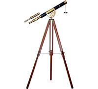 Vintage Antique Double Barrel Black Leather Decorative Brass Telescope Nautical Adjustable Wooden Tripod Floor Standing