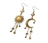 Vintage Antique Gold Sun Moon Star Dangle Drop Earrings, Asymmetrical Celestial Crystal Tassel Hook Earrings, Bohemian Statement Jewelry for Women