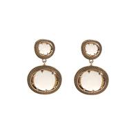Vintage Antique Gold Two Oval White Opal Stone Drop Dangle Earrings, Retro Textured Bezel Frame Geometric Statement Earrings for Women Party Wedding Jewelry