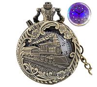 Vintage Antique Luminous LED Men Women Quartz Pocket Watch Train Locomotive Engine Steampunk FOB Light Clock Pendant Chain Gifts,Bronze