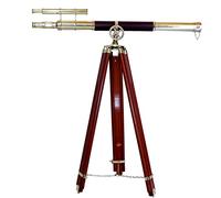 Vintage Antique Shiny Finish Telescope Half Black Leather Coverd Tube Nautical Brown Wooden Floor Standing Tripod Stand For Home & Office Decor.