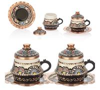 Vintage Arabic Turkish Greek Coffee Espresso Cups Set of 2 and Saucers Demitasse Small Fancy Antique with Lid Holder Mug Copper for Cezve Pot Drinking Hot Mini Handmade Women Party Gift 2.2 Oz