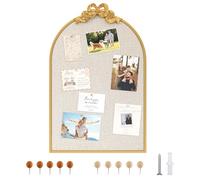 Vintage Arched Cork Board with Bow - 24“X36” Large Decorative Bulletin Board with Linen for Walls, Gold Metal Pin Board for Notes, Photos & Reminders, Elegant Vision Board for Home & Office
