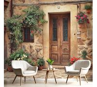 Vintage Architecture Silk Cloth 3D Photo Wallpaper Mural, Flower Pots Wooden Door Wallcoverings, 450x315cm (WxH) Indoor Brown Wall Painting for Bedroom Living Room TV Backdrop Home Decoration