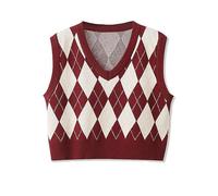 Vintage Argyle Pattern Sweater Vest Women Korean Fashion Preppy Style Knitted Waistcoat Female Autumn Casual Sleeveless Crop Top-Claret-S