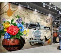Vintage Art Car Flower Flower Vase Stamp 3D Wallpaper Easy Install Feature Office Living Room Sofa Bedroom TV Background Wall Decoration-250cm×170cm