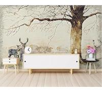Vintage Art Dead Tree Elk Big Tree Graffiti 3D Wallpaper Silky Texture Home Study Office Grey Dining Room Sofa Bedroom Living Room TV Backdrop-430cm×300cm