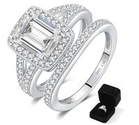 Vintage Art Deco 3ct Emerald Cut D Color VVS1 Halo Setting Moissanite Style Wedding Bridal Ring Set 925 Sterling Silver Gift for Women, 7, White Gold, Moissanite