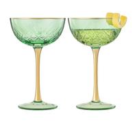 Vintage Art Deco Coupe for Champagne, Martini, Cocktails | Set of 2 | 7 oz Classic Cocktail Glassware - Manhattan, Cosmopolitan, Sidecar, Crystal Speakeasy Style Saucer Goblets with Stems (Green)