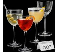 Vintage Art Deco Nick and Nora Cocktail Glasses, 5 oz Crystal Ribbed Cocktail Glassware for Drinking Classic Gin, Whiskey, Vodka Bar Drinks (Set of 4)