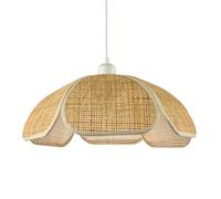 Vintage Art Deco Rattan Pendant Shade with Cream Cotton Fabric Trims | Fan Style with 6 Segments | 40cm x 16cm by Happy Homewares