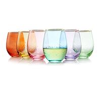 Vintage Art Deco Stemless Wine Glasses | Set of 6 | 15 oz Crystal Classic Cocktail Glassware - Red & White Wine, Whiskey, Water, Cosmopolitan, Sidecar, Crystal Speakeasy Style Saucer Stemless Goblets