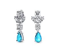 Vintage Art Deco Style Blue Simulated Aquamarine Cubic Zirconia AAA CZ Statement Dangle Formal Leaf Teardrop Chandelier Clip On Earrings Wedding Prom Silver Plated