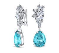 Vintage Art Deco Style Blue Simulated Aquamarine Cubic Zirconia AAA CZ Statement Dangle Formal Leaf Teardrop Chandelier Clip On Earrings Wedding Prom Silver Plated