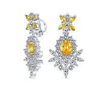 Vintage Art Deco Style Canary Yellow Cubic Zirconia AAA CZ Statement Dangle Formal Chandelier Clip On Earrings Wedding Prom Silver Plated