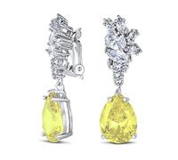 Vintage Art Deco Style Canary Yellow Cubic Zirconia AAA CZ Statement Dangle Formal Leaves Teardrop Chandelier Clip On Earrings Wedding Prom Silver Plated