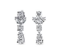 Vintage Art Deco Style Clear Cubic Zirconia AAA CZ Statement Dangle Formal Leaves Teardrop Chandelier Clip On Earrings Wedding Prom Silver Plated