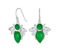 Vintage Art Deco Style Gemstone Garden Insect Green Jade Queen Bumble Bee Dangle Drop Earrings, for Women .925 Sterling Silver Fish Hook