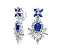 Vintage Art Deco Style Royal Blue Simulated Sapphire Cubic Zirconia AAA CZ Statement Dangle Formal Chandelier Clip On Earrings Wedding Prom Silver Plated