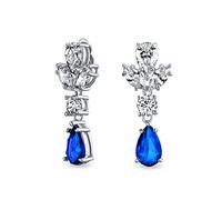 Vintage Art Deco Style Simulated Blue Sapphire Cubic Zirconia AAA CZ Statement Dangle Formal Leaves Teardrop Chandelier Clip On Earrings Wedding Prom Silver Plated