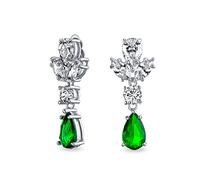 Vintage Art Deco Style Simulated Emerald Green Cubic Zirconia AAA CZ Statement Dangle Formal Leaves Teardrop Chandelier Clip On Earrings Wedding Prom Silver Plated