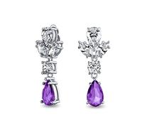 Vintage Art Deco Style Simulated Purple Amethyst Cubic Zirconia AAA CZ Statement Dangle Formal Leaves Teardrop Chandelier Clip On Earrings Wedding Prom Silver Plated