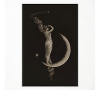 Vintage Art Nouveau Print, Crescent Moon Wall Art, Moody Victorian Witch Picture, Woman and Moon Dark Academia Wall Art Canvas, Moon and Star Halloween Poster 16x24in Unframed