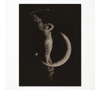 Vintage Art Nouveau Print, Crescent Moon Wall Art, Moody Victorian Witch Picture, Woman and Moon Dark Academia Wall Art Canvas, Moon and Star Halloween Poster 12x16in Unframed