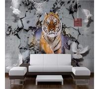 Vintage Art Tiger Broken Wall Flying Birds 3D Wallpaper Textured Silk Easy Install Living Room Sofa Bedroom Dining Room Home Decoration Wall-200cm×140cm